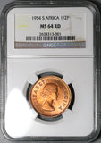 1954 NGC MS 64 South Africa 1/2 Penny Elizabeth II 101k Key RED Coin (24082602C)