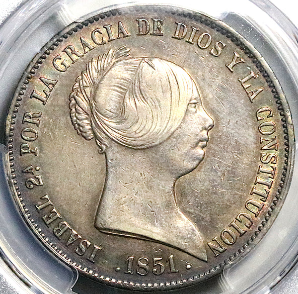 1851 PCGS XF Isabel 2 Spain 20 Reales Seville Mint Silver Crown Coin (25022601C)