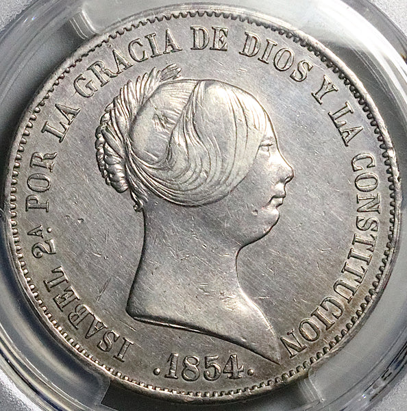 1854 PCGS XF Isabel 2 Spain 20 Reales Seville Mint Silver Crown Coin (25022602C)