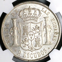 1868 (68) NGC AU-58 Spain 2 Escudos Isabel 2 Madrid Mint Silver Crown Coin (24092907D)