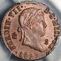 1827 PCGS MS 64 RB Spain 2 Maravedis Segovia Ferdinand VII Coin Pop 1/0 (24122203C)