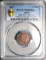 1827 PCGS MS 64 RB Spain 2 Maravedis Segovia Ferdinand VII Coin Pop 1/0 (24122203C)