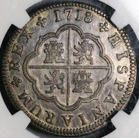 1718-J NGC AU 50 Spain 2 Reales Philip V Silver Segovia Coin POP 2/5 (24060901C)