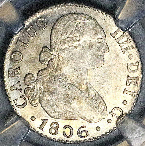 1806-S NGC AU 58 Spain 2 Reales Charles IV Seville Mint Silver Coin (25022801C)