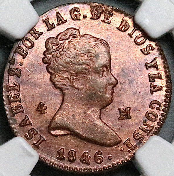 1846-JA PCGS MS 63 Spain 4 Maravedis Isabel 2 Jubia Mint Copper Coin POP 2/1 (24112402D)