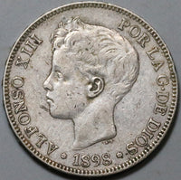 1898 Spain 5 Pesetas Silver Alfonso XIII VF Madrid Mint Crown Coin (24091801R)