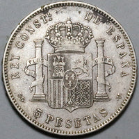 1898 Spain 5 Pesetas Silver Alfonso XIII VF Madrid Mint Crown Coin (24091801R)