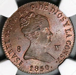 1850-JA NGC MS 64 Spain 8 Maravedis Isabel 2 Jubia Mint Coin POP 3/0 (24112401D)