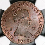 1850-JA NGC MS 64 Spain 8 Maravedis Isabel 2 Jubia Mint Coin POP 3/0 (24112401D)