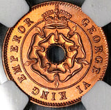 1943 NGC MS 65 RD Southern Rhodesia 1/2 Penny George VI Full Red Coin (24092203C)