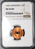 1943 NGC MS 65 RD Southern Rhodesia 1/2 Penny Full Red Coin (24022501C)