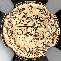 1914 NGC MS 64 Turkey Gold 25 Kurush 1327/6 Ottoman Empire 73k Coin POP 1/0 (24102501D)