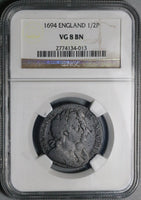 1694 NGC VG 8 William Mary 1/2 Penny England Great Britain Colonial Coin (25021203C)