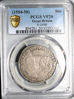 1554 PCGS VF 20 Mary Philip II Shilling Britain England Silver Coin POP 1/2 (24111202C)