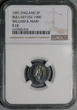 1691 NGC F 12 William Mary 3 Pence Great Britain Rare Silver Coin POP 1/2 (24121902C)