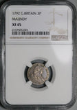 1792 NGC XF 45 George III Great Britain 3 Pence Wire Money Silver Coin (24122701D)