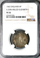 1562 NGC VF Elizabeth I 6 Pence England Britain Tudor Rose Milled S-2596 Silver Coin (24100801C)