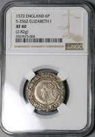 1572 NGC XF 40 Elizabeth I 6 Pence Hammered England Great Britain Silver Coin (25011401C)