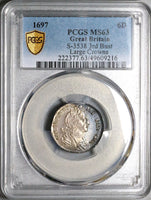 1697 PCGS MS 63 William III 6 Pence Great Britain England 3rd Bust Silver Coin (25011902C)