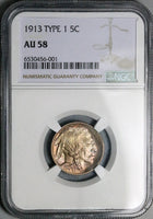 1913-P NGC AU 58 Type 1 Buffalo Nickel 5 Cents United States Coin (24102701C)