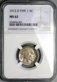 1913-D NGC MS 62 Type 1 Buffalo Nickel 5 Cents United States Coin (24103001C)