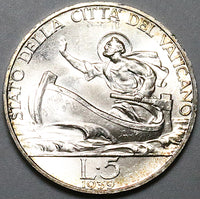 1939 Vatican City 5 Lire St Peter Boat Rome Mint GEM BU Silver Coin (24061501R)