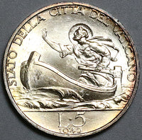 1940 Vatican City 5 Lire St Peter Boat Rome Mint BU Silver Coin (24012803R)