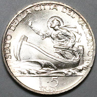 1940 Vatican City 5 Lire St Peter Boat Rome Mint GEM BU Silver Coin (24061503R)