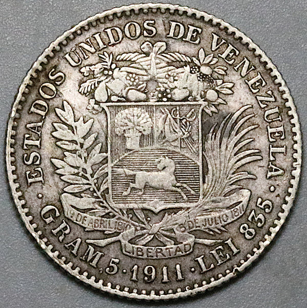 1911 Venezuela 1 Bolivar Horse Paris Mint XF Silver Coin (25020102R)