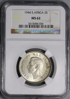 1944 NGC MS 62 South Africa 2 Shillings George VI 225K Silver Coin (21082109C)
