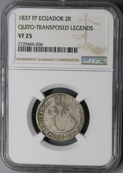 1837 NGC VF 25 Ecuador Transposed Legends Silver 2 Reales Quito