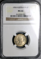 1954 NGC MS 66 Australia Silver 6 Pence Elizabeth II Gem Coin (23031902C)