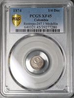 1874 PCGS XF 45 Colombia 1/4 Decimo Rare Medellin Mint Silver Coin POP 1/2 (21120602C)
