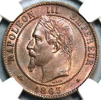 1863-A NGC MS 64 France 10 Centimes Napoleon III Mint State Coin (19090904C)