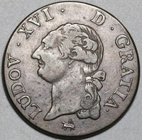 1791-B France 1 Sol Louis XVI XF Rouen Mint Copper Royal Coin (22050101R)