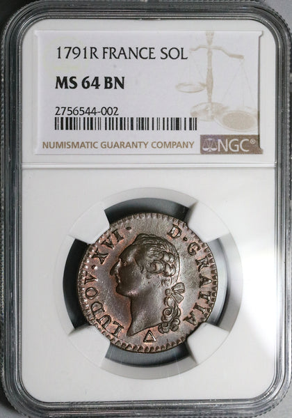 1791-R NGC MS 64 France 1 Sol Louis XVI Orleans Mint Royal Coin 