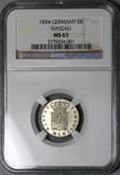 1834 NGC MS 65 Nassau 6 Kreuzer German State Silver Coin POP 1/0 (22060401C)