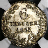 1835 NGC MS 62 Nassau 6 Kreuzer German State Silver Coin POP 1/4 (22060402C)