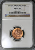 1943-SA NGC MS 65 Madagascar 50 Centimes Red France Rooster Cross Lorraine Coin (21022601C)