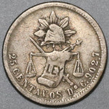 1890-Do Mexico 25 Centavos VF Durango Mint 68K Silver Last Year Coin (23121302R)