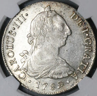 1789 NGC AU 58 Peru 8 Reales Charles III Lima Pillars Silver Coin