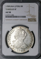 1789 NGC AU 58 Peru 8 Reales Charles III Lima Pillars Silver Coin