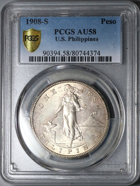 1908-S PCGS AU 58 Philippines Peso Silver USA Coin (23032803C