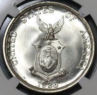 1936 NGC MS 65 Philippines Roosevelt Quezon 1 Peso Silver