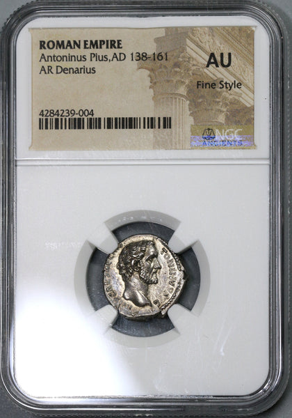 138 NGC AU Antoninus Pius Roman Empire Denarius Fine Style Minerva