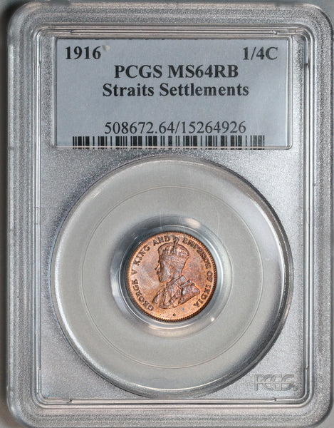 1916 PCGS MS 64 RB Straits Settlements 1/4 Cent Britain Empire