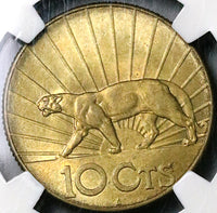 1936-A NGC MS 65 Uruguay 10 Centesimos Puma Lion Coin POP 3/1 (23022002C)